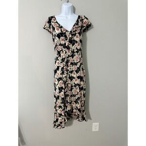 Laundry Shelli Segal Vintage Floral Midi Dress‎ Ruffle V Neck Cap Sleeve Size 6